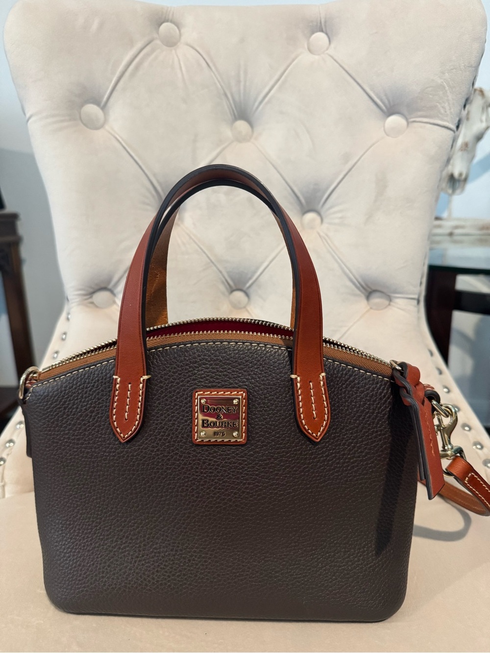 Dooney & Bourke Brown Pebbled Leather Satchel with Tan Trim